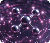 Metallic molecule model with spheres connected by rods on a glowing digital purple network background.