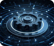 Dark digital gear surrounded by glowing blue circuits symbolizing technology and connectivity.